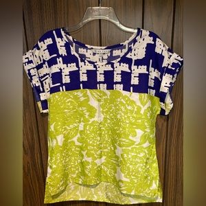 Trina Turk 100% Silk Short Sleeved Top with Green and Blue